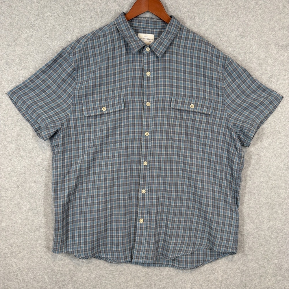 Lucky Brand Shirt Mens XXL 2XL Cotton Short Sleeve Button Up Blue Plaid Casual